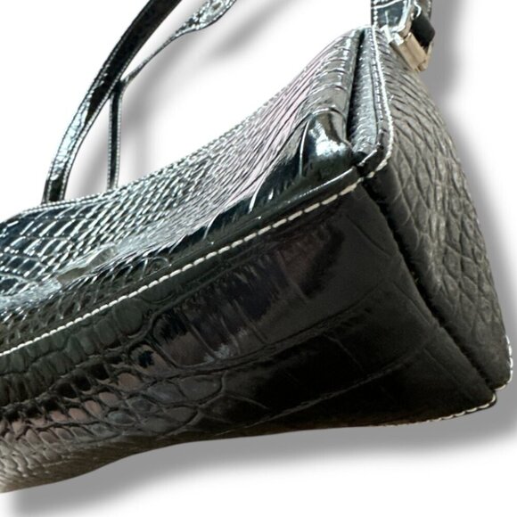 Y2K Liz Claiborne Black Crocodile Embossed Faux Leather Purse Shoulder Bag - Picture 7 of 16